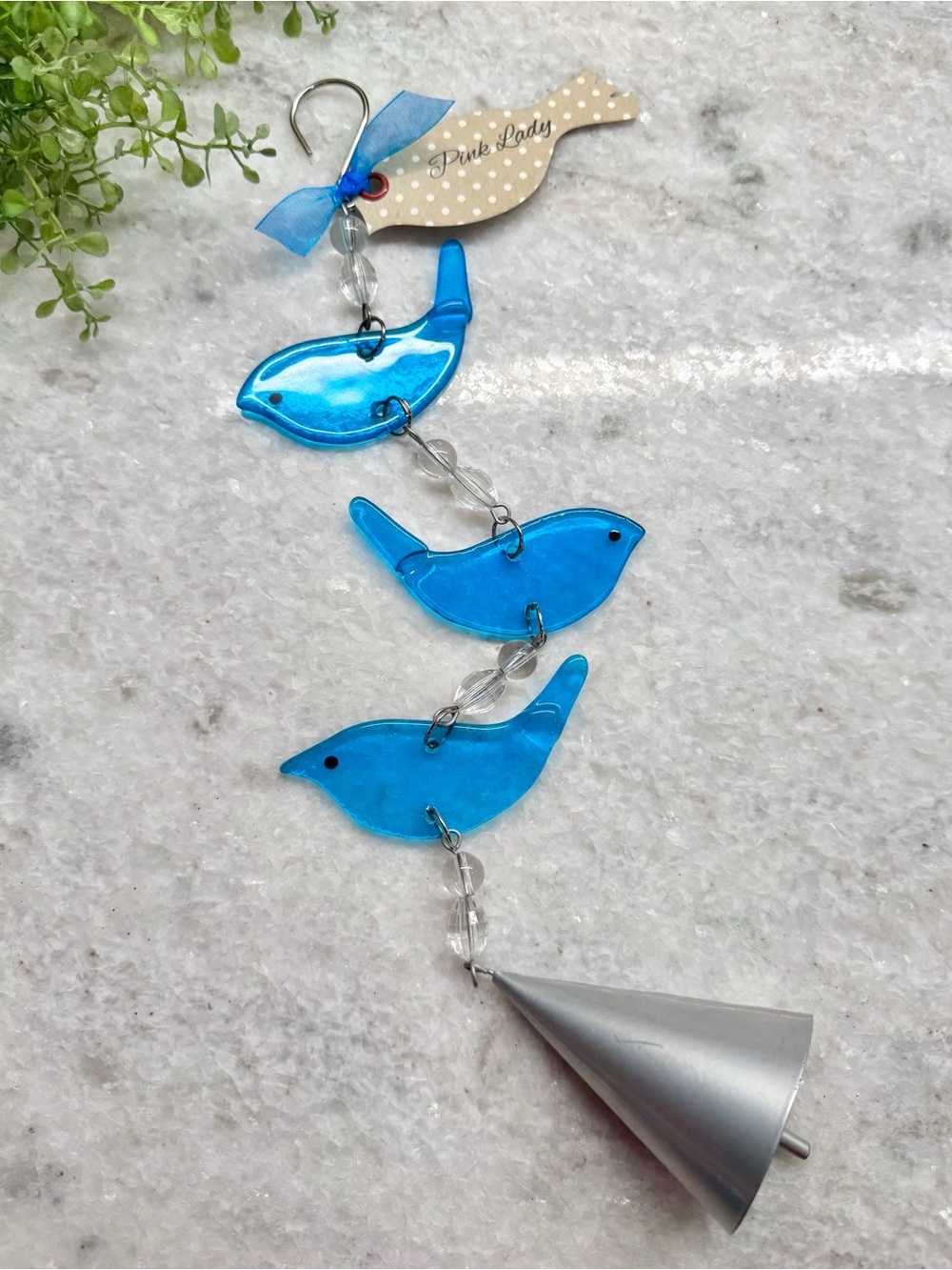 New Blue Glass Birds Suncatcher Wind Chime w/ Beads & Metal Bell - 17”